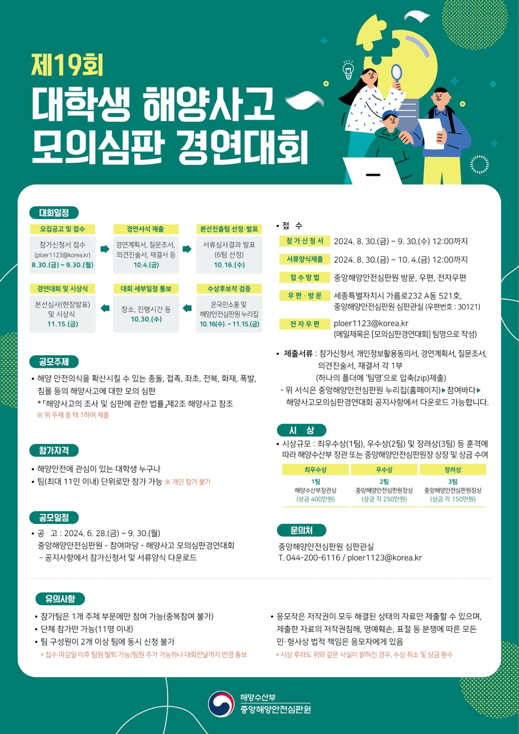 1. 중앙해양안전심판원은 해양안전 의식 확산과 해양안전심판에 대한 이해증진 및 연구기회를 제공하기 위해 매년 '대학생 해양사고 모의심판 경연대회'를 개최하고 있습니다.   2. 이와 관련하여 해양사고의 원인분석 등 해양안전심판에 관심 있는 학생들이 경연대회에 많이 참석할 수 있도록 홍보 포스터를 제작·배포하니 홍보에 협조하여 주시면 감사하겠습니다.       가. 대회개요     ○ 대 회 명 : 제19회 대학생 해양사고 모의심판 경연대회     ○ 일   시 : 2024 11. 15. (금)     ○ 장   소 : 추후 결정      ○ 참가자격 : 전국 대학교 재학생     ○ 주   최 : 중앙해양안전심판원     나. 시상내역     ○ 최우수상 1팀(해양수산부장관상)     : 상금 400만원     ○ 우수상 2팀(중앙해양안전심판원장상) : 상금 팀별 250만원     ○ 장려상 3팀(중앙해양안전심판원장상) : 상금 팀별 150만원     다. 협조사항     ○ 대학 게시판 및 누리집에 홍보 포스터 게시       ※ 홍보 포스터는 각 대학 및 기관에 우편으로 송부 예정임   붙임  1. 2024년 포스터 1부.       2. 2024년 포스터 배부내역 1부.  끝.