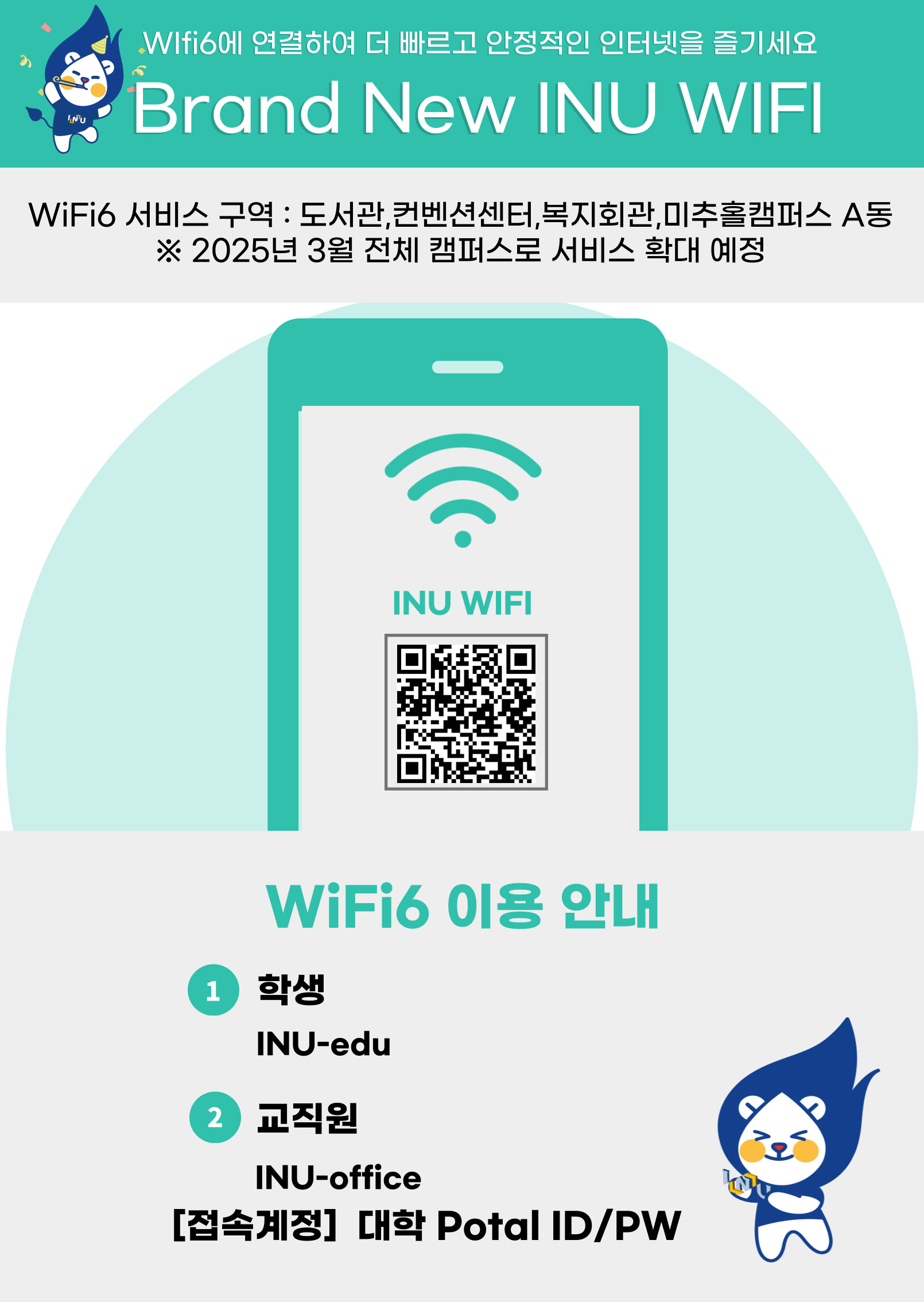 1. 관련 : 무선 인터넷 개선 1단계 사업 2. 무선 인터넷 개선 1단계 사업으로 Wi-Fi6E기반의 신기술을 적용한 무선 인터넷 환경을 구축을 완료하여 아래와 같이 서비스를 실시함을 안내드립니다.   가. 제1차 Wi-Fi6E 서비스 오픈    - 오픈 일시 : 2024.8.27.(화) 09:00    - 대상 건물 : 학산도서관, 이룸관, 컨벤션센터, 복지회관, 미추홀캠퍼스 A동    - SSID : 교직원(INU-office), 학생(INU-edu), 초청 방문자(INU-guest)    - 대상 건물 내 기존 서비스(SSID : INU-wireless) 중단 : 2024.8.31.(토)   나. 제2차 Wi-Fi6E 서비스 오픈 : 2025.3. 예정, 학내 캠퍼스 전체   다. 주요 개선사항     구분 기존 개선 비고 최신 AP 장비 도입 Wi-Fi4,5(802.11abgn) Wi-Fi6E(802.11ax) WiFi5 대비 처리속도 2배 이상 건물간 대역폭 향상 1G 10G 건물간 이중화로 안정성 보장 사용자 중심 AP 배치 복도 중심 강의·연구실 중심 (수량)146개 ⇨ 230개 서비스 패스워드 통합 생년월일 조합 포털 패스워드  외부 서비스 제공 외부인 서비스 불가 초청 방문자용 서비스     라. 서비스 문의 및 음영지역 신고 : 032-835-8888  붙임 : 1. 접속매뉴얼 1부.        2. 홍보자료 각 1부.  끝.