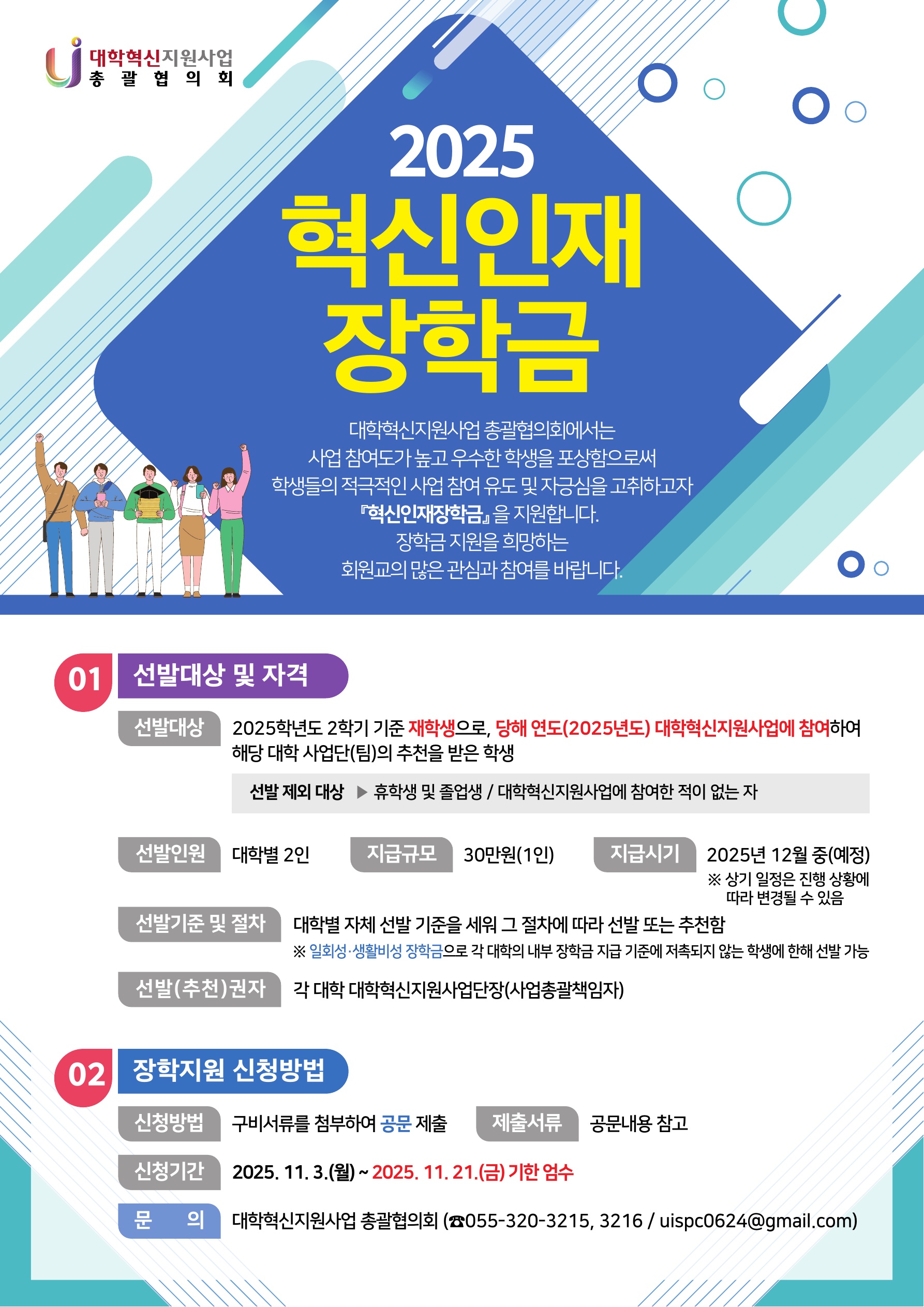 1. 관련: 대학혁사업과-585호(2025.10.22.) 2. 대학혁신지원사업총괄협의회에서는 사업 참여도가 높고 우수한 학생을 포상함으로써 학생들의 적극적인 사업참여 유도 및 자긍심을 고취하고자「2025 혁신인재장학금」을 지원합니다. 3. 이에 취업경력개발원 주관 대학혁신지원사업에 참여하는 학과에서는 해당 프로그램에 참여한 학생들 중 장학금 지원 대상으로 우수한 학생을 추천하여 주시기 바랍니다.    가. 추천 대상 및 자격     - 2025학년도 2학기 기준 재학생으로, 2025년도 단과대학 저학년 진로역량 제고 프로그램 또는 INU직무멘토링 사업에 참여한 학생      ※ 제외 대상 : 휴학생 및 졸업생, 해당 프로그램에 참여한 적이 없는 자   나. 2025 혁신인재장학금 지원 대상 선발 절차     - 각 부서에서 추천한 학생을 대상으로 대학혁신운영위원회 심사 후 최종 2명의 학생 선발 예정      ※ 혁신인재장학금: 1인당 300,000원   다. 제출서류 (공문제출, 수신처: 취업역량개발과)     1) 2025 혁신인재장학금 추천서 및 기타서류 작성서식(hwp/PDF 각 1부)     2) 재학증명서 1부    라. 제출기한 : 2025. 10. 28.(화)  붙임 1. 2025 혁신인재장학금 추천서 및 기타서류 작성서식 1부.      2. 2025 혁신인재장학금 지원 포스터 1부.  끝.