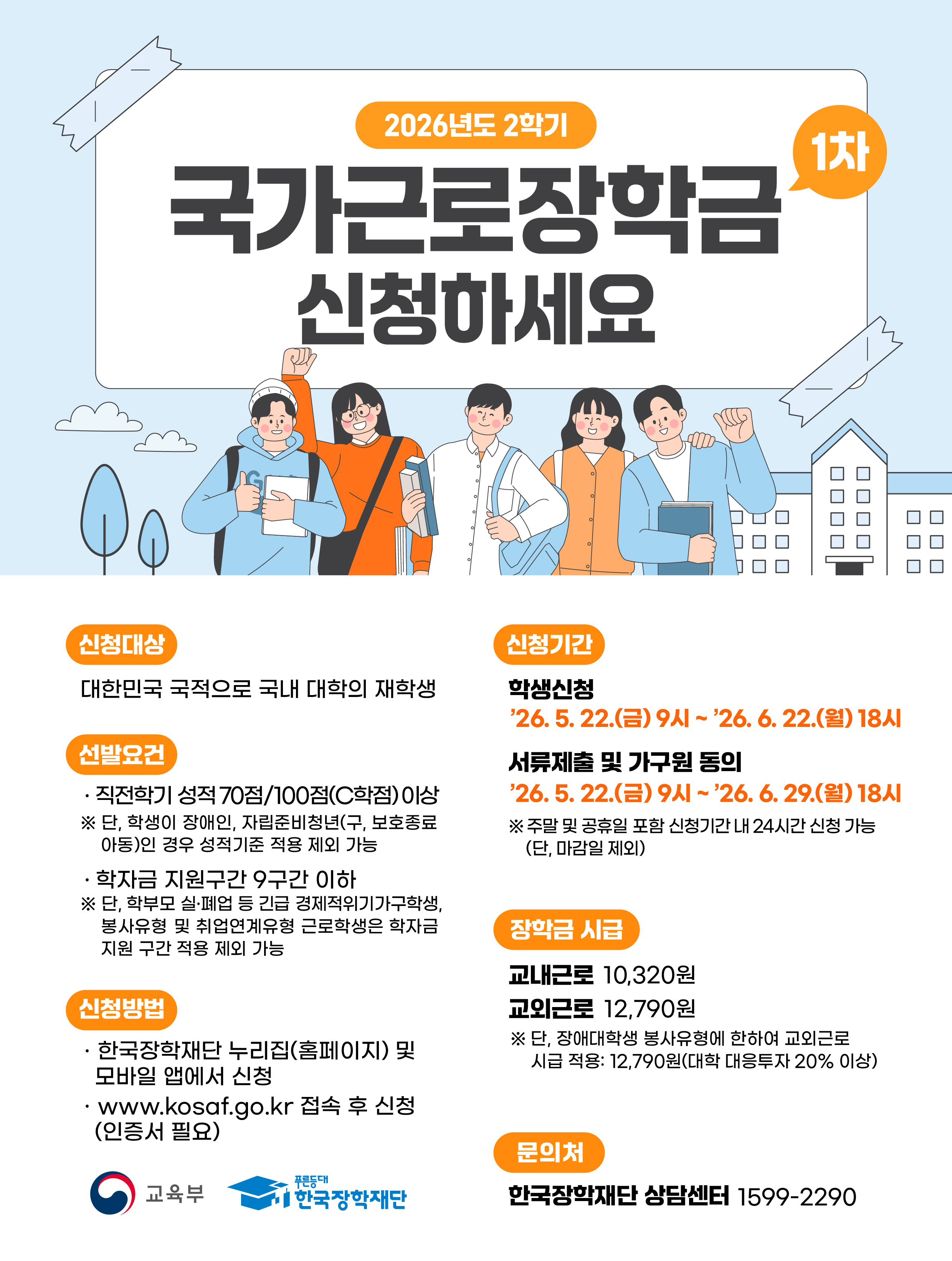 1. 관련 : 한국장학재단 학생진로장학부-2550(2026.05.20.) 2. 2026학년도 2학기 국가근로장학금(1차) 학생 신청기간을 아래와 같이 안내하오니 각 부서에서는 학생들이 기간 내에 신청할 수 있도록 안내하여 주시기 바랍니다.    가. 신청기간 : 2026. 5. 22.(금) 9시 ~ 2026. 6. 22.(월) 18시        *서류제출 및 가구원 동의기간 : 2026. 5. 22.(금) 9시 ~ 2026. 6. 29.(월) 18시   나. 신청방법 : 한국장학재단 홈페이지 및 모바일 앱을 이용하여 신청 (붙임 참고)   다. 기타사항     - 2026년 방학중 집중근로 프로그램(동계) 참여 희망 학생의 경우, 국가근로장학금 학생 신청 기간에 반드시 국가근로장학금 신청 필요     - 인천대학교 홈페이지 공지사항(장학금)에 별도 안내   붙임  1. 2026학년도 2학기 국가근로장학금(1차) 학생신청 매뉴얼 각 1부.       2. 2026학년도 2학기 국가근로장학금(1차) 학생신청 포스터 1부.  끝.